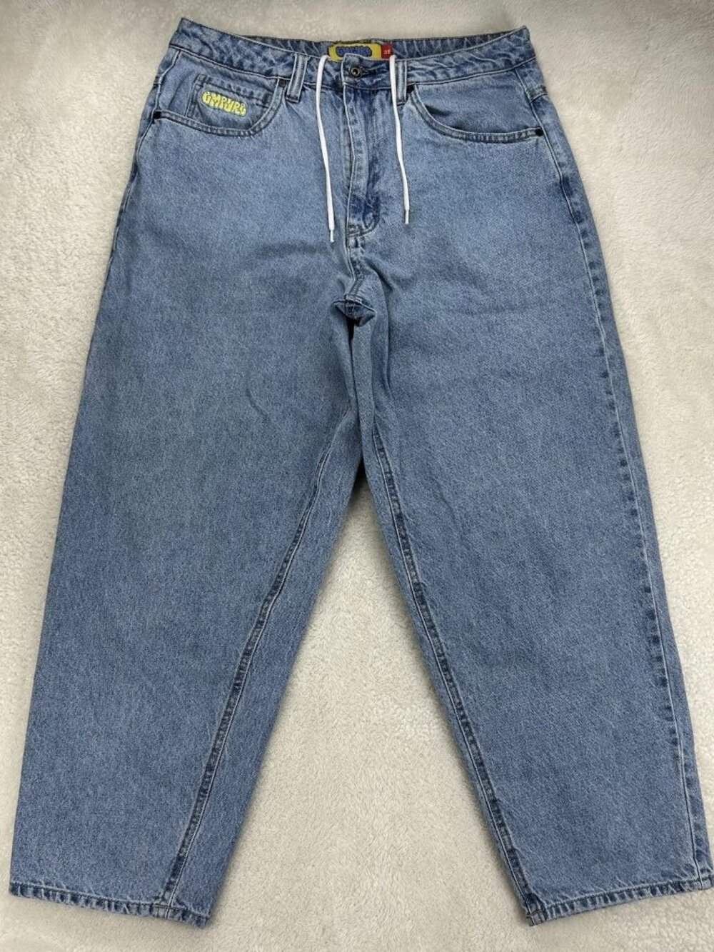 Empyre Blue Jeans Wide and Tapered‎ Leg Size 32x27 Drawstring Embroidered